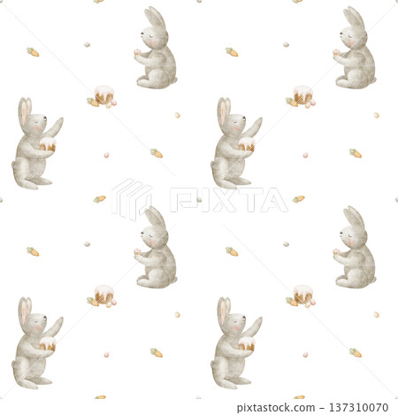 Pattern Easter hare cake eggs cupcake carrot. Watercolor illustrations animal bunny children's style. Seamless print rabbits food holiday hand-drawn background for design clothing packaging wallpaper 137310070