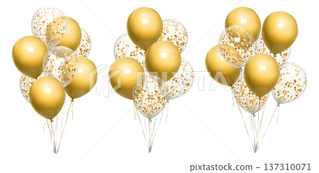 Golden balloon bday bunch, 3d birthday balls float on ribbon. Beige confetti vector balons on gold string, happy anniversary party decor mockup. Air helium inflated bound event congratulation gift 137310071