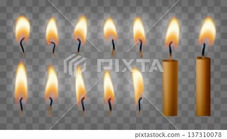 Flame on match, Bday cake glowing candle set. Light memory candle fire, small 3d transparent isolated candlelight. Birthday wedding blow out heat shape. Shining diwali hanukkah decor, church lighter Flame on match, Bday cake glowing candle set. Light memory candle fire, small 3d transparent isolated candlelight. Birthday wedding blow out heat shape. Shining diwali hanukkah decor, church lighter 137310078