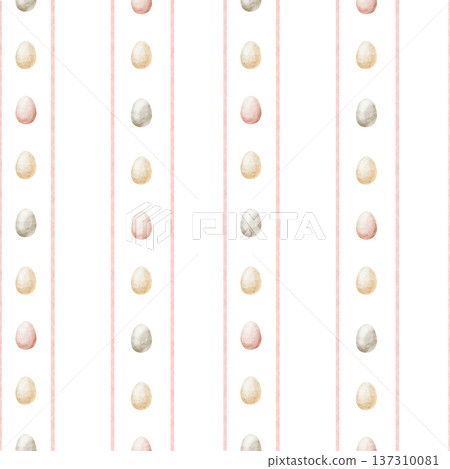 Easter pattern featuring colorful chicken eggs on pink stripes. Watercolor line illustrations in childish style. Seamless hand-drawn print isolated from background for design textiles fabrics clothing Easter pattern featuring colorful chicken eggs on pink stripes. Watercolor line illustrations in childish style. Seamless hand-drawn print isolated from background for design textiles fabrics clothing 137310081