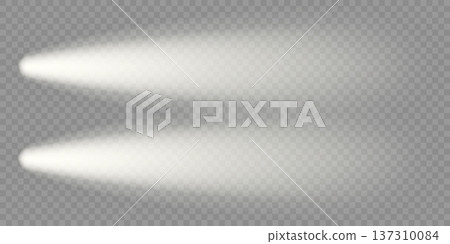 Car night lighting effect, top view. Front headlight flare. Led beam isolated on dark bg. Spotlight lamps illuminate black road. White flash glow on train head. Bright race vehicle, truck spots glare 137310084