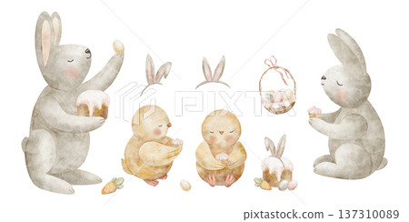 Set rabbits chicks, Easter cakes, eggs, bunny ears, cupcake, basket. Watercolor illustration animals birds in children's style, hand-drawn isolated from background for design cards, posters, clothing 137310089