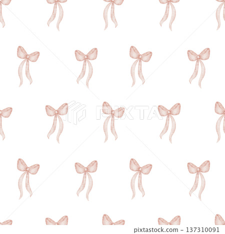 Pattern bows pink ribbons. Watercolor illustration in children's picnic style. Seamless hand-drawn retro print, isolated from background for design textiles, fabrics, clothing, wallpaper, packaging Pattern bows pink ribbons. Watercolor illustration in children's picnic style. Seamless hand-drawn retro print, isolated from background for design textiles, fabrics, clothing, wallpaper, packaging 137310091