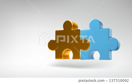 Golden and blue 3D puzzle fusion icon. Isometric perspective, yellow metal plastic jigsaw. Two pieces show partner administration. Solve task concept, team work framework. Abstract realistic style. Golden and blue 3D puzzle fusion icon. Isometric perspective, yellow metal plastic jigsaw. Two pieces show partner administration. Solve task concept, team work framework. Abstract realistic style. 137310092