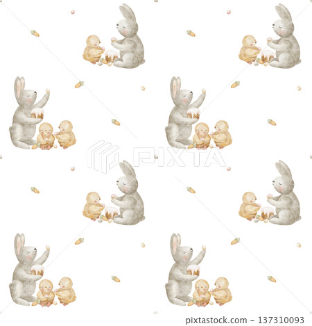 Pattern rabbits, chicks, Easter cake eggs cupcake, carrot. Watercolor illustrations cute animals bunny in children's style. Seamless print, hand-drawn background for design textiles clothing packaging 137310093