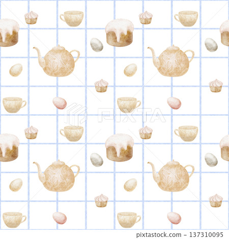 Pattern Easter cake, eggs, teapot, cup, cupcake on blue checkered background. Watercolor illustrations baked goods in children's style. Hand-drawn seamless print for design textiles fabrics packaging Pattern Easter cake, eggs, teapot, cup, cupcake on blue checkered background. Watercolor illustrations baked goods in children's style. Hand-drawn seamless print for design textiles fabrics packaging 137310095