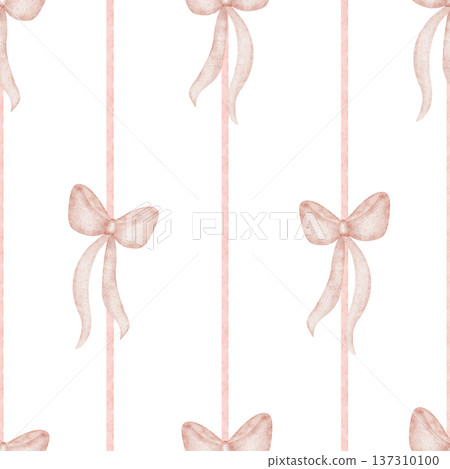 Pattern bows pink ribbons on striped background. Watercolor illustrations in childish retro style. Hand-drawn seamless print in pastel colors for design textiles fabrics clothing wallpaper packaging 137310100