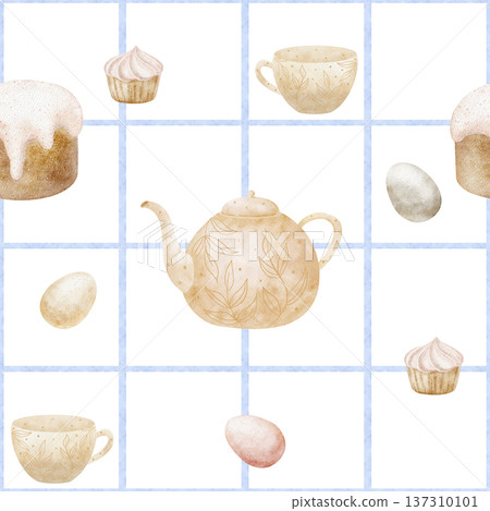 Pattern Easter cake, eggs, teapot, cup, cupcake on blue checkered background. Watercolor illustrations baked goods in children's style. Hand-drawn seamless print for design textiles fabrics packaging Pattern Easter cake, eggs, teapot, cup, cupcake on blue checkered background. Watercolor illustrations baked goods in children's style. Hand-drawn seamless print for design textiles fabrics packaging 137310101