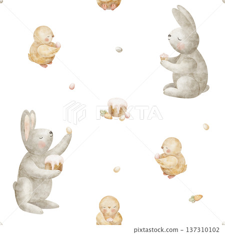 Easter pattern rabbits, chicks, cake egg cupcake carrot. Watercolor illustrations festive food children's style. Seamless print, hand-drawn background for design textiles clothing packaging wallpaper 137310102
