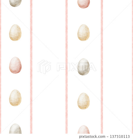 Easter pattern featuring colorful chicken eggs on pink stripes. Watercolor line illustrations in childish style. Seamless hand-drawn print isolated from background for design textiles fabrics clothing Easter pattern featuring colorful chicken eggs on pink stripes. Watercolor line illustrations in childish style. Seamless hand-drawn print isolated from background for design textiles fabrics clothing 137310113