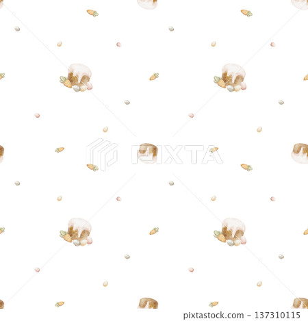 Pattern of colored eggs, Easter cake, carrot cookies. Watercolor illustrations of holiday food children's style. Hand-drawn print, isolated from background for design, textiles, clothing, packaging 137310115