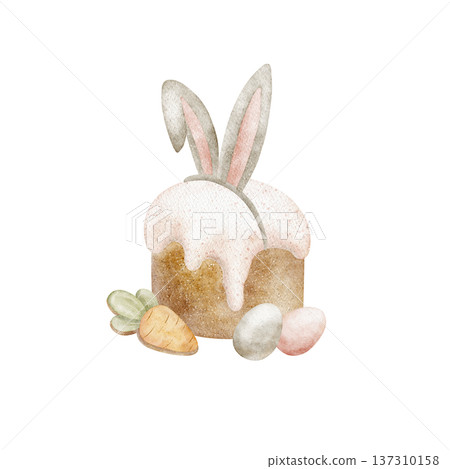 Easter cake, colored eggs chicken, bunny ears, gingerbread carrots. Watercolor illustration of holiday treats in children's style hand-drawn isolated from background for card designs posters tableware 137310158