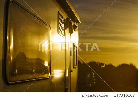 Camper car on nature at sunrise Camper car on nature at sunrise 137310168