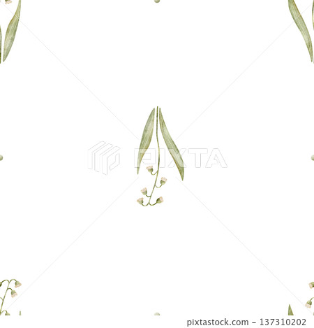 Pattern cute lily of the valley flower. Watercolor illustrations of green plants in childish style. Hand-drawn seamless print, isolated from background for design textiles wallpaper nursery, packaging Pattern cute lily of the valley flower. Watercolor illustrations of green plants in childish style. Hand-drawn seamless print, isolated from background for design textiles wallpaper nursery, packaging 137310202