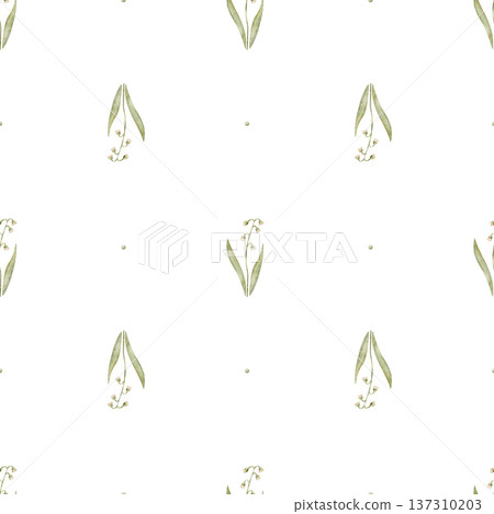 Pattern cute lily of the valley flower. Watercolor illustrations of green plants in childish style. Hand-drawn seamless print, isolated from background for design textiles wallpaper nursery, packaging 137310203