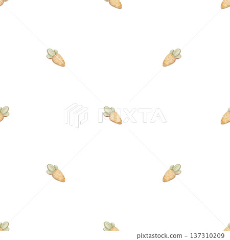 Pattern of carrot gingerbread with icing, Easter treat. Watercolor illustrations of bunny food in children's style. Seamless print, hand-drawn, isolated from background for design, textiles wallpaper Pattern of carrot gingerbread with icing, Easter treat. Watercolor illustrations of bunny food in children's style. Seamless print, hand-drawn, isolated from background for design, textiles wallpaper 137310209