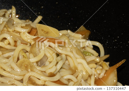 A Close up of delicious fried noodles dinner with vegetables 137310447