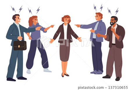 Angry businessmen point fingers at their colleague. Social bulling. Conflict in workplace. Negative feedback. Pressure and blame to outcast. Unhappy victim of shame. Vector concept Angry businessmen point fingers at their colleague. Social bulling. Conflict in workplace. Negative feedback. Pressure and blame to outcast. Unhappy victim of shame. Vector concept 137310655