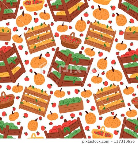 Autumn harvest of fruits and vegetables. Farming crop boxes seamless pattern. Ripe pumpkins. Repeated print. Tomatoes and apples in wooden crates. Strawberries basket. Vector background 137310656