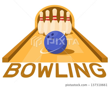 Bowling game. Ball rolling into row of standing pins. Fast spinning sphere. Skittles strike. Sport competition. Shot tournament. Competitive hobby. Challenge target. Club vector design Bowling game. Ball rolling into row of standing pins. Fast spinning sphere. Skittles strike. Sport competition. Shot tournament. Competitive hobby. Challenge target. Club vector design 137310661
