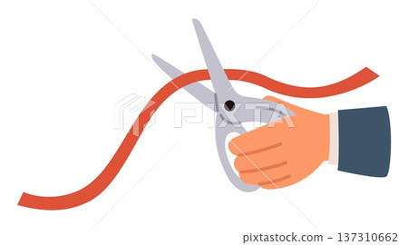 Businessman cuts red ribbon with scissors. Tape dividing. Beginning ceremony stripe cutoff. Separation with clippers. Snip cutting thread at performance. Vector concept of festive opening 137310662