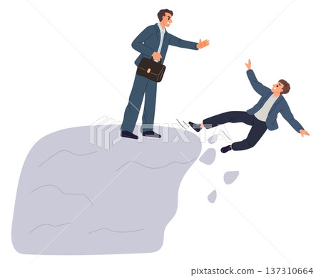 Businessman pushes his colleague off cliff. Dishonest competition. Unfair practices. Fall from mountain. Partnership betrayal. Rivalry and sabotage. Partners conflict. Vector concept 137310664