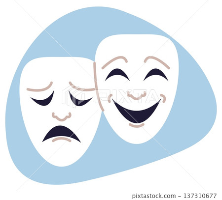 Joyful and sad theatrical masks. Theatric comedy and tragedy. Emotional expression. Opera drama faces. Artistic art. Masquerade grimace. Comic emotions. Hypocrisy smile. Vector concept 137310677