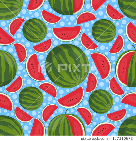 Juicy ripe watermelon seamless pattern. Tasty berry pieces. Whole and cut into slices. Vegan diet dessert. Summer beach food. Peel and fruit seeds. Refreshing juice. Vector background Juicy ripe watermelon seamless pattern. Tasty berry pieces. Whole and cut into slices. Vegan diet dessert. Summer beach food. Peel and fruit seeds. Refreshing juice. Vector background 137310678