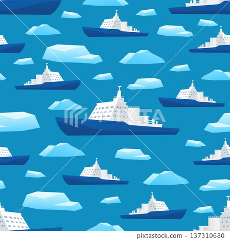 Large icebreaker sails in cold waters of ocean alongside big chunks of ice floe. Arctic seamless pattern. Cold sea navigation. Repeated print. Marine transportation. Vector background Large icebreaker sails in cold waters of ocean alongside big chunks of ice floe. Arctic seamless pattern. Cold sea navigation. Repeated print. Marine transportation. Vector background 137310680