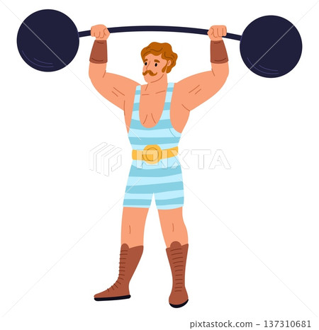 Large strong man in striped suit lifts heavy barbell with metal balls. Circus athlete. Bodybuilder with dumbbell. Powerful sportsman weightlifting. Carnival strongman. Vector concept Large strong man in striped suit lifts heavy barbell with metal balls. Circus athlete. Bodybuilder with dumbbell. Powerful sportsman weightlifting. Carnival strongman. Vector concept 137310681