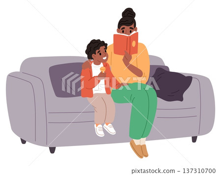 Loving mother reads interesting book to son while sitting on sofa. Family relationship. Literature for kids. Mom teaching boy. Parent relaxing with child. Vector parenthood concept 137310700