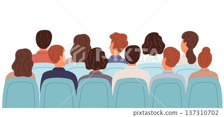 Male and female audience members sit in chairs in auditorium or performance hall. Students at lecture. Theatre spectators. Concert armchairs behind. Conference seats. Vector people crowd 137310702
