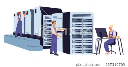 Male and female system administrators maintain and configure large server. Datacenter workers. Computing equipment. Engineers working with hardware. Database machine. Vector concept Male and female system administrators maintain and configure large server. Datacenter workers. Computing equipment. Engineers working with hardware. Database machine. Vector concept 137310703