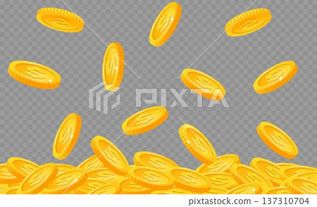 Mountain of gold coins falling from above. Making profit. Casino jackpot. Financial income. Precious metal cash. Finance savings. Vector transparent background with money rain of success 137310704