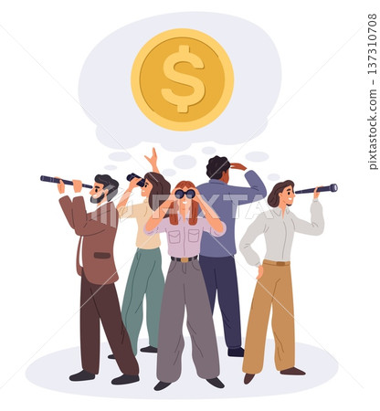 Team male and female businesspeople looking for ways to make money and new business ideas. People with binoculars searching financial profit. Commercial solution finding. Vector concept 137310708