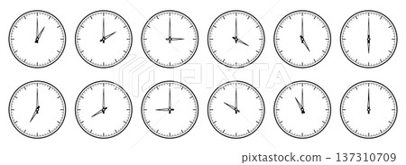 Watch face icons with minute and hour hands. Pointers readings for each time interval. Clockwise arrow. Deadline and punctuality. Alarm clock design. Vector timepiece round dials set 137310709