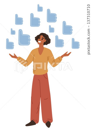 Woman surrounded by symbols of positive reviews and evaluations. Good feedback. Approval hand. Social support. Influencer success. Satisfaction and agreement expression. Vector concept 137310710