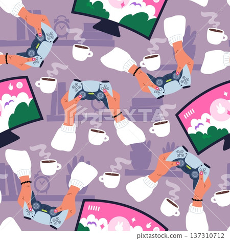 Womens and mens hands with game consoles play computer games. Gamers seamless pattern. Videogame joysticks. Computer or television screen. Repeated print. Gaming device. Vector background Womens and mens hands with game consoles play computer games. Gamers seamless pattern. Videogame joysticks. Computer or television screen. Repeated print. Gaming device. Vector background 137310712