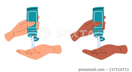 Womens hands squeeze face or body moisturizing cream from tube onto palms. Skin care cosmetics. Beauty routine. Sunscreen balm applying. Female Caucasian and African arms vector set Womens hands squeeze face or body moisturizing cream from tube onto palms. Skin care cosmetics. Beauty routine. Sunscreen balm applying. Female Caucasian and African arms vector set 137310713