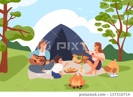 Young family with child relaxing outdoors with camp tent and fire against backdrop of nature. Parents with kids camping. Picnic with bonfire. People at summer campground. Vector concept Young family with child relaxing outdoors with camp tent and fire against backdrop of nature. Parents with kids camping. Picnic with bonfire. People at summer campground. Vector concept 137310714