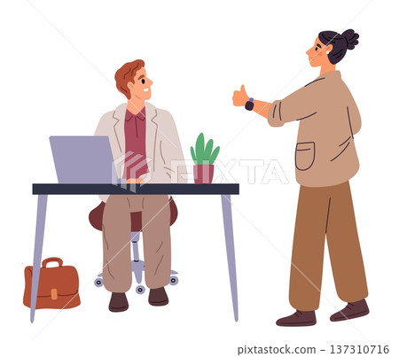 Young woman in office praises male colleague for job well done. Work approval. Employee support. Evaluation or feedback from chief. Teamwork support. Worker motivation. Vector concept 137310716