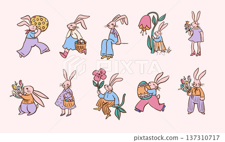 Hand-drawn vintage Easter bunny illustration set featuring cute rabbits with eggs, baskets, flowers 137310717