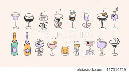 Vintage hand drawn cocktail party set with wine glasses and champagne bottles. Retro illustrations Vintage hand drawn cocktail party set with wine glasses and champagne bottles. Retro illustrations 137310719