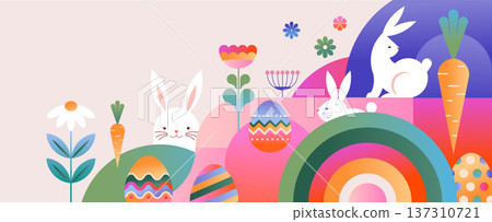 Happy Easter geometric background. Colorful Easter egg card and banner design Happy Easter geometric background. Colorful Easter egg card and banner design 137310721