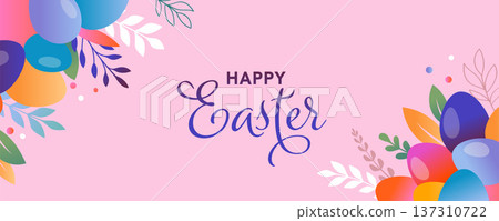 Happy Easter background with floral elements and colorful Easter eggs. Banner and poster template Happy Easter background with floral elements and colorful Easter eggs. Banner and poster template 137310722