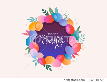 Happy Easter background with floral elements and colorful Easter eggs. Banner and poster template 137310723