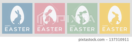 A set of modern pastel colored Easter cards featuring bunny silhouettes and eggs A set of modern pastel colored Easter cards featuring bunny silhouettes and eggs 137310911