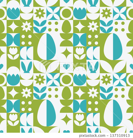 Colorful Easter seamless pattern with bunny, eggs and floral shapes Colorful Easter seamless pattern with bunny, eggs and floral shapes 137310913