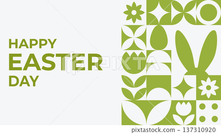 Easter banner in green color with a geometric floral pattern and a bunny silhouette Easter banner in green color with a geometric floral pattern and a bunny silhouette 137310920