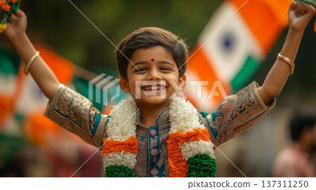 Child Celebrates Festival With Flags in a Festive Gathering During Daylight Hours in India 137311250